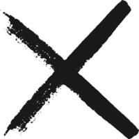 Bold black paint strokes form a grunge x shape on a white background, symbolizing rejection or cancellation. Hand drawn texture adds depth to this versatile graphic icon vector