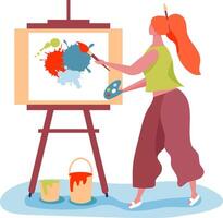 Female artist is expressing her creativity by painting on a canvas using a brush and palette, with buckets of paint nearby, showcasing the process of artistic creation vector