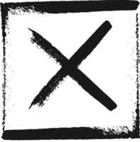 Large black cross painted with brush strokes inside a rough black frame symbolizing a negative decision, cancellation, or rejection, with a grunge aesthetic vector