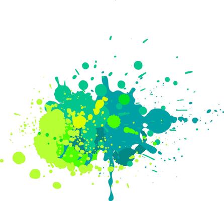 Green and yellow paint is splashing on a white background, creating an abstract and vibrant design with various droplet sizes and shapes