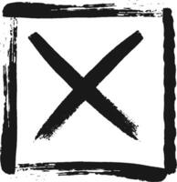 Black grunge cross painted with thick brushstrokes inside a hand drawn square frame, isolated on a white background, conveying a message of rejection or disapproval vector