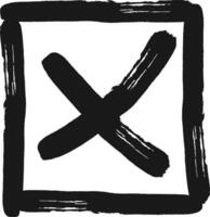 Hand drawn black cross sign inside a square frame, expressing rejection, disapproval, or cancellation, isolated on a white background vector