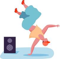 Breakdancer shows strength and skill balancing on one hand next to a speaker in a dynamic freeze. Reflecting hip hop culture, this vibrant illustration captures urban dance style vector