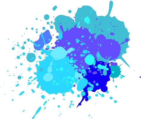 Vibrant paint splatters in shades of blue, purple, and teal create an energetic and abstract design against a clean white backdrop, adding a dynamic and artistic touch