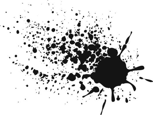 Black ink dynamically splashing on a white background, creating a textured and artistic splat with various droplet sizes and shapes
