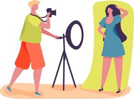 Photographer taking pictures of model posing in a studio setting with a ring light, capturing stylish and professional images for fashion or portfolio purposes vector