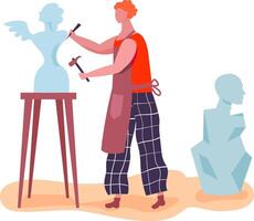 Sculptor wearing apron using hammer and chisel carving angel statue from block of stone in art studio, demonstrating artistic skill and craftsmanship vector
