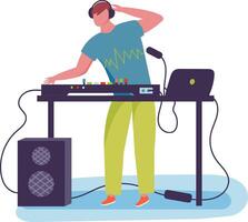 Male dj passionately plays music on a mixing console and laptop, creating an energetic atmosphere at a lively party vector