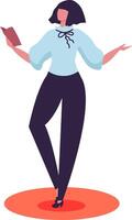 Businesswoman with dark bob haircut, wearing a light blue blouse and dark pants, stands on a red carpet, holding a book in one hand and gesturing with the other as if explaining a concept vector