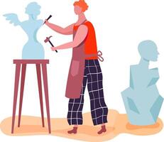 Sculptor wearing an apron using chisel and hammer, refining details of a winged figure sculpture, demonstrating artistic skill and craftsmanship in a creative workspace vector