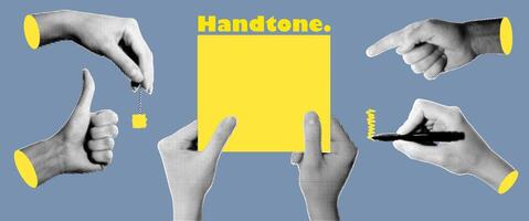 Set of halftone images of hands. Pop art retro style illustration vector