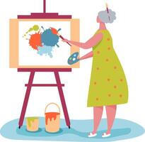 Elderly woman artist painting colorful abstract picture on canvas using paintbrush and palette, enjoying creative hobby at home or in art studio vector