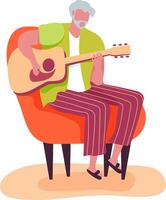 Elderly man with gray hair and beard sitting on orange armchair playing a brown acoustic guitar, enjoying his hobby in a relaxing home environment vector