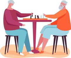 Two elderly men deeply focused on a chess game, embracing retirement with strategy and fun. Matching wits with board pieces carefully positioned, aiming for checkmate vector