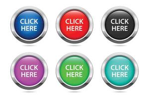 A set of six buttons with the words click here vector