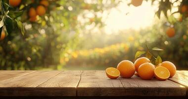 Fresh organic oranges on rustic wooden table, citrus grove bokeh background with sunlight, farm harvest scene, selective focus, copy space photo