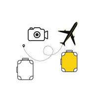 Airplane, Suitcase, and Camera Routes Icon with Dotted Line Travel Path and Travel Elements vector