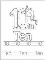 Unicorn 10 Number Tracing Worksheet vector