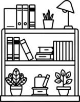 a black and white of a bookcase with a plant on it vector