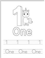 Unicorn 1 Number Tracing Worksheet vector