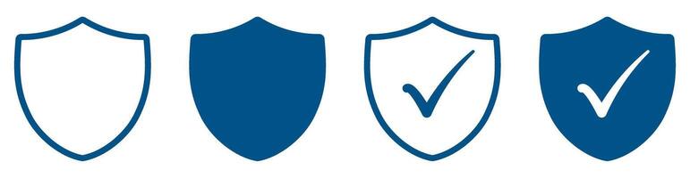 Blue shield with check mark icon set. Security shield protection vector