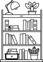 a collection of books on a shelf with a clock and a plant in the middle. vector