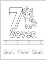 Unicorn 7 Number Tracing Worksheet vector