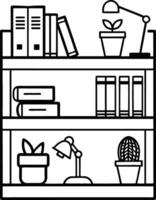 a black and white drawing of a bookcase with a plant on it vector