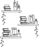 a book shelf with books on it and a plant on the top. vector