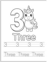 Unicorn 3 Number Tracing Worksheet vector