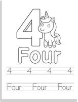 Unicorn 4 Number Tracing Worksheet vector