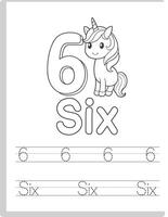 Unicorn 6 Number Tracing Worksheet vector