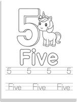 Unicorn 5 Number Tracing Worksheet vector