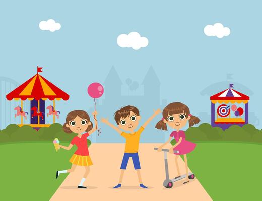 Cute Children at Amusement Park, Summer Landscape with Carousels and Castle Illustration