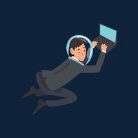 Businessman in Suit and Astronaut Helmet Flying in Outer Space with Laptop Computer, Business Development Strategy, Leadership Illustration vector