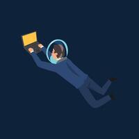 Successful Businessman in Suit and Astronaut Helmet Flying in Outer Space or Internet Space with Laptop Computer, Business Development Strategy, Leadership Illustration vector