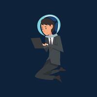 Businessman in Suit and Astronaut Helmet Flying in Outer Space or Internet Space with Laptop Computer, Business Development Strategy, Leadership Illustration vector