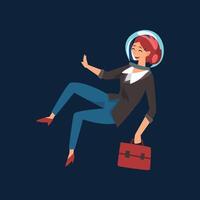 Smiling Businesswoman in Astronaut Helmet Flying in Outer Space with Briefcase Illustration vector
