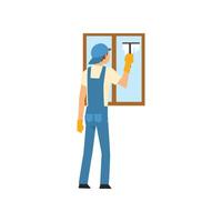 Cleaning Man Washing Window Using Squeegee, Male Worker Character Dressed in Uniform and and Rubber Gloves, Cleaning Service Illustration vector