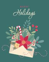 Christmas and New Year card with the text 'Happy Holidays' an envelope and flowers on a green background vector