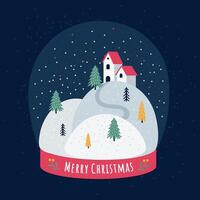 Christmas and New Year card with winter mountains a house and Christmas trees inside a snow globe vector