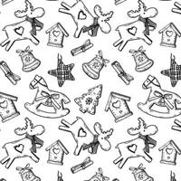 Line art Christmas and New Year pattern with toys. Wrapped Christmas paper vector