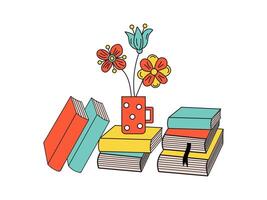 Stacked books, mug with bouquet flowers. Love of reading and learning concepts. vector
