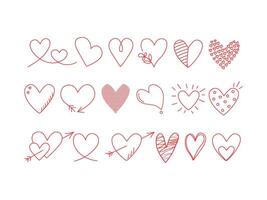 Set of simple doodle hearts. Hand drawn line icons, Valentine's Day design. Red color, white background isolated. vector