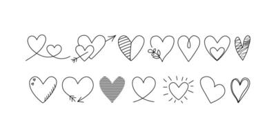 Set of hearts, doodle style. Hand drawn linear icons, Valentine's Day design. Background isolated. vector