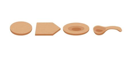 Set of wooden objects, boards, spoon, plate. Wooden utensils. Wood texture material. Presentation podium. Mockup, stand for cosmetic products. vector