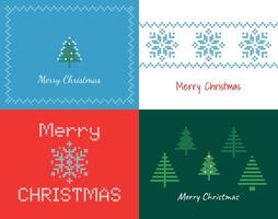 Simple Minimalist Greeting Card Set Merry Christmas With Knitted Ornament. Horizontal Orientation. Flat Style. White, Blue, Green, Red Backgrounds. Snowflake, Fir Tree, Christmas Tree. vector