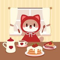 Adorable cat in red cape enjoying pancakes and dessert. Kawaii cat having breakfast with pancakes and strawberry cake. vector