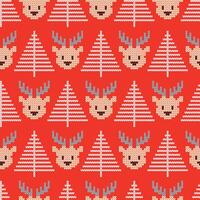 Seamless Christmas Pattern Cute Deers And Pines On Red Background. Knitted Pixel Embroidery Effect. Wrapping Paper, Textile, Fabric. illustration vector