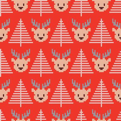 Seamless Christmas Pattern Cute Deers And Pines On Red Background. Knitted Pixel Embroidery Effect. Wrapping Paper, Textile, Fabric. illustration